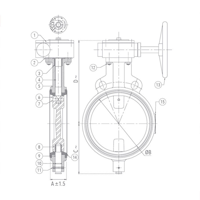 Butterfly Valve (Wafer Type), PN 1.6 with S.S 304 Disc - Gear Operated diagram Durable Gear Operated Butterfly Valve for precise flow control